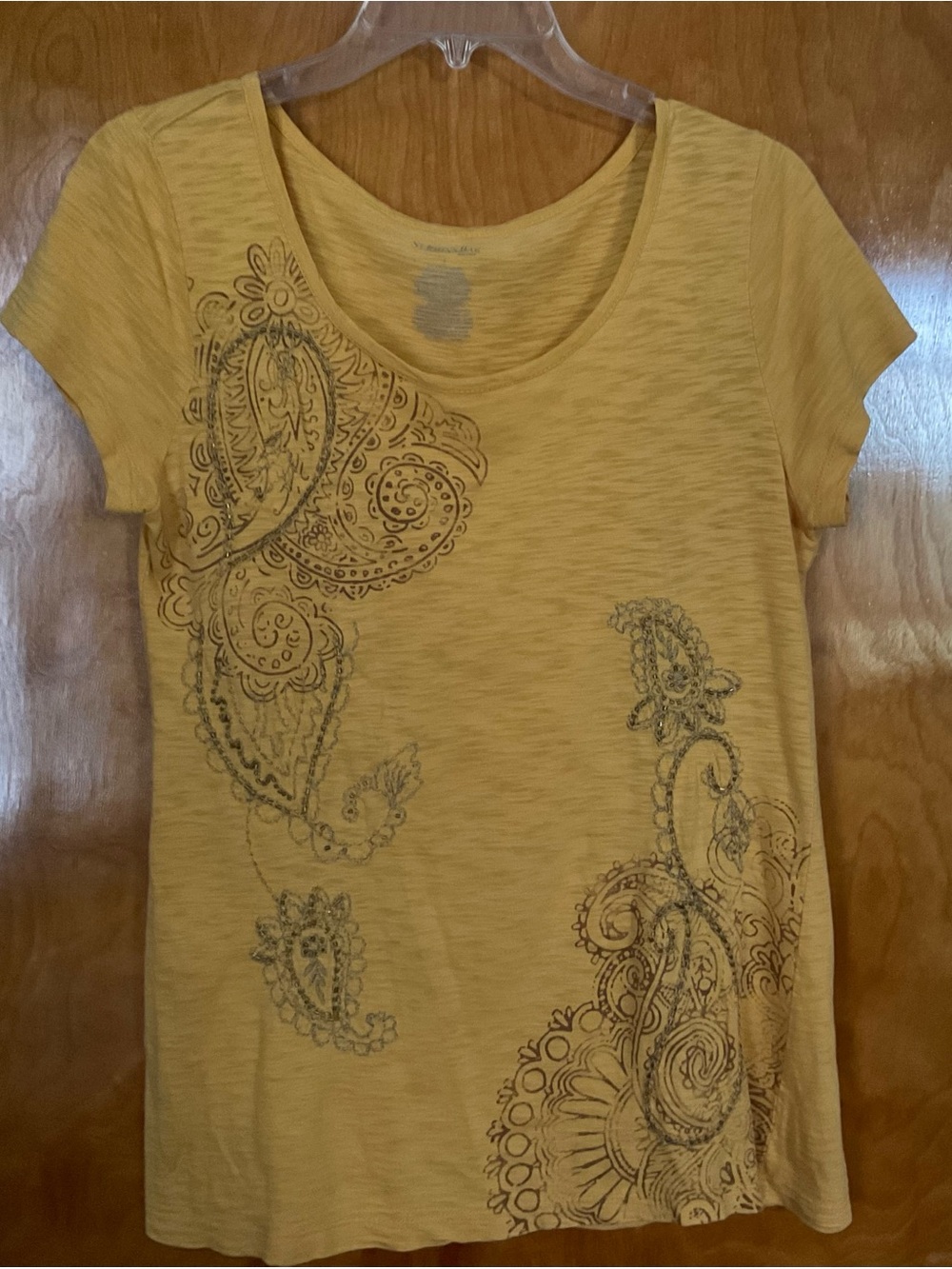 St. John's Bay Mustard Yellow Paisley Scoop Neck Tee